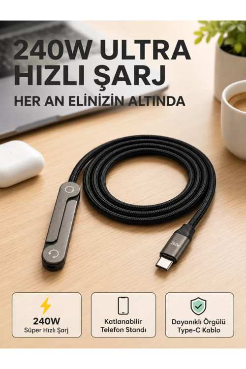 Örgülü 240W Type-C Katlanabilir Telefon Standlı Şarj Kablosu İthalat