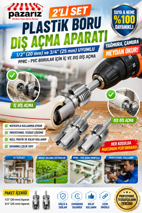 PPRC PVC Plastik Boru Diş Açma Seti 2’li 1/2” 3/4” 20-25mm Pafta Tesisatçı Klavuz Rayba Matkap Adaptörlü Tamir Onarım Montaj Aparatı