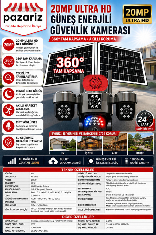 20MP 4 Kameralı 4G Solar Güvenlik Kamerası – 360° Görüş, 12X Zoom, Gece Görüşü, Çift Solar Panel, Siren, Sesli Konuşma, SIM Kartlı, AOV Akıllı Kamera