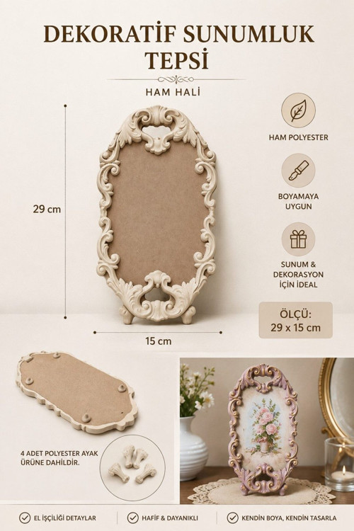 29x15 cm Ayaklı Dekoratif Ham Polyester Sunumluk Tepsi – Kabartma Desenli