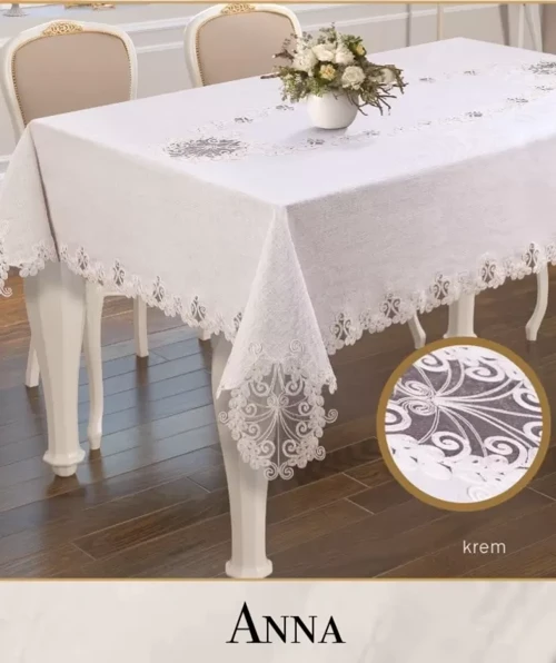 Gardenya Keten Tek Masa Örtüsü 160x260 cm Dantelli Yemek Masası Örtüsü Anna Model