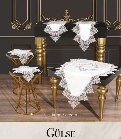 Gülseda Model - 5 Parça Keten Dantelli Runner Seti Zarif Çeyizlik Salon Takımı
