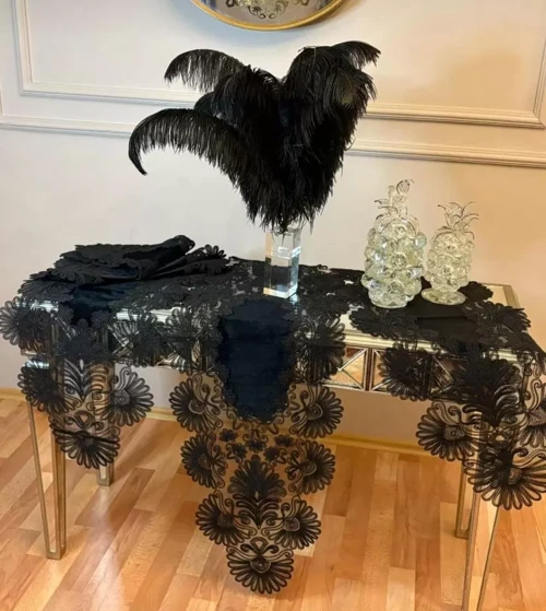 7 Parça Siyah Çeyizlik Palmiye Model Keten Runner Seti Masa Örtüsü Salon Takımı