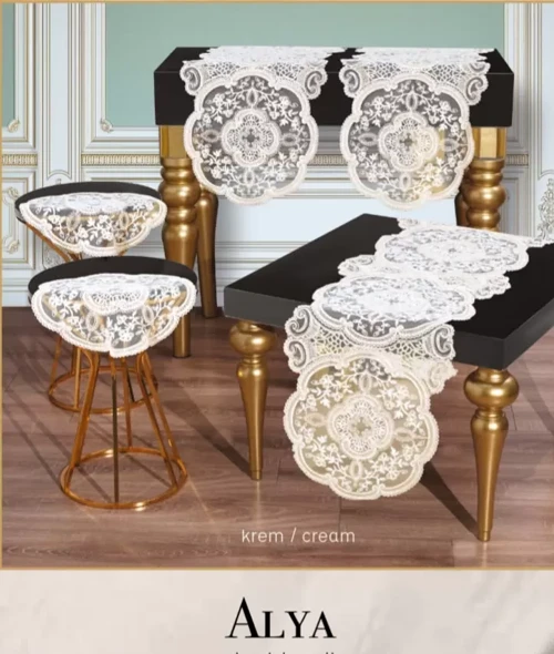 5 Parça Alya Salon Takımı Dantelli Runner Masa Örtüsü Modern Tasarım
