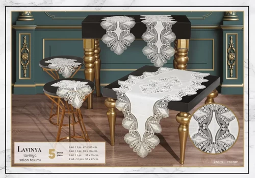 Lavinya Model - 5 Parça Keten Dantelli Salon Takımı Runner Seti No 2 Çeyizlik