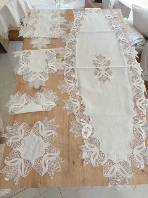 Salon Takımı Çeyizlik Kreme Runner Set 5 Parça Keten Ranır Masa Konsol Sehpa Örtüsü Kayla