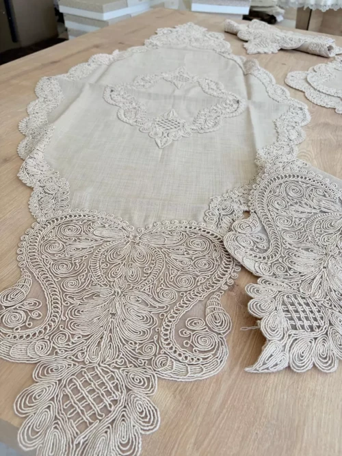 Salon Takımı Çeyizlik Runner Set 5 Parça Keten Masa Örtüsü Runneri Gerdan