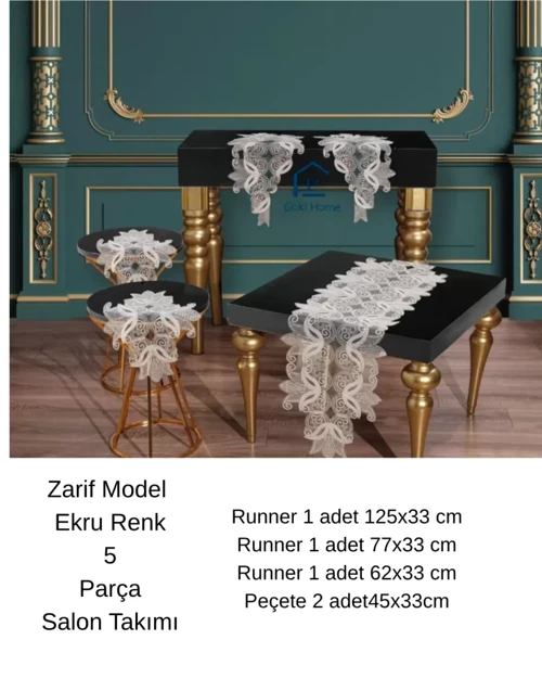 Zarif Model Dantelli Masa Örtüsü Runner Seti Çeyizlik Salon Takımı 5 Parça