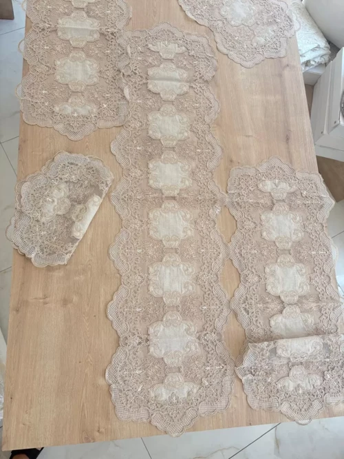 Salon Takımı Çeyizlik Runner Set 5 Parça Keten Ranır Masa Konsol Sehpa Örtüsü Orkide