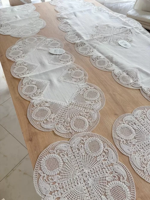 Salon Takımı Çeyizlik Runner Set 5 Parça Keten Ranır Masa Sehpa Konsol Örtüsü Defne