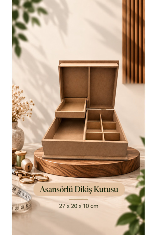 Asansörlü Dikiş Kutusu – 27x20x10 cm Ham MDF