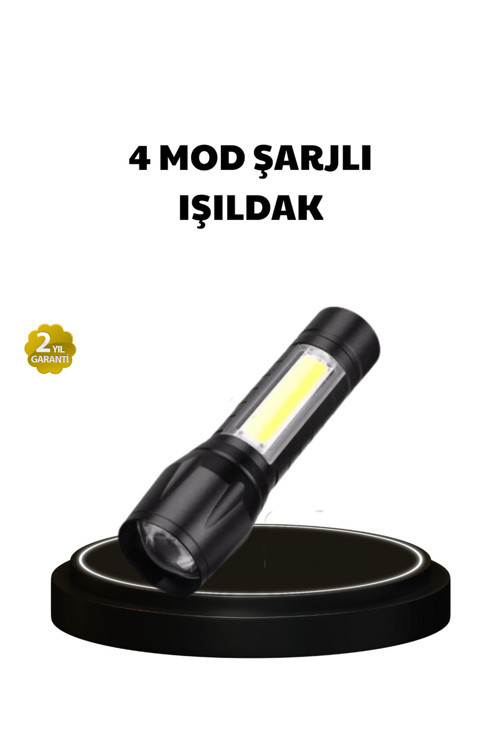 4 Mod Şarjlı Işıldak | Ultra Güçlü Cree LED | Su Geçirmez Alüminyum Gövde