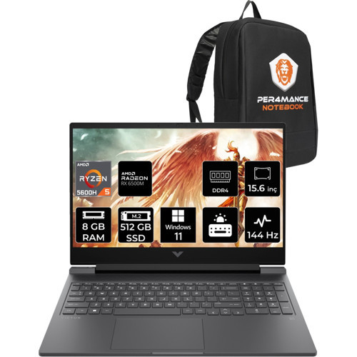 Victus 15 Amd Ryzen 5 5600H 8gb 512GB SSD RX6500M/4GB 144Hz 15.6'' Fhd W11P Taşınabilir Bilgisayar A42ZMEA & Per4 Çanta