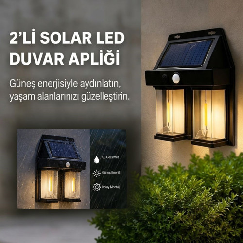 2'li Solar Güneş Enerjili LED Duvar Apliği, Hareket Sensörlü, Şarjlı, Kablosuz Dış Mekân Bahçe ve Kapı Lambası