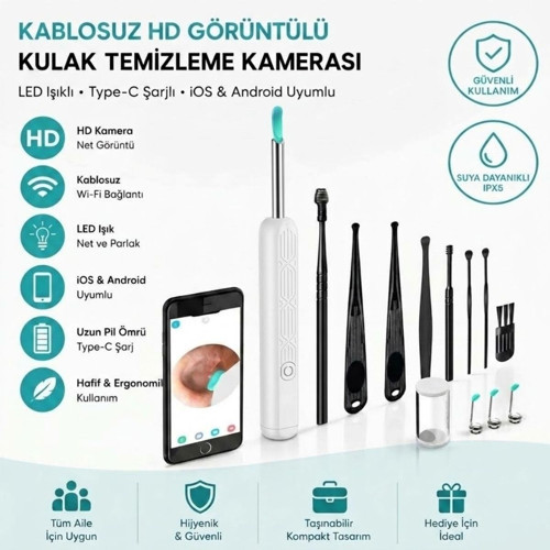 Beyaz Kablosuz HD Görüntülü Kulak Temizleme Kamerası, LED Işıklı Type-C Şarjlı iOS ve Android Uyumlu Kulak Temizleme Seti