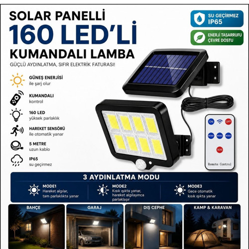 160 LED Solar Bahçe Aydınlatması, 6'lı Güneş Panelli LED Lamba, 5 Metre Kablolu ve Kumandalı