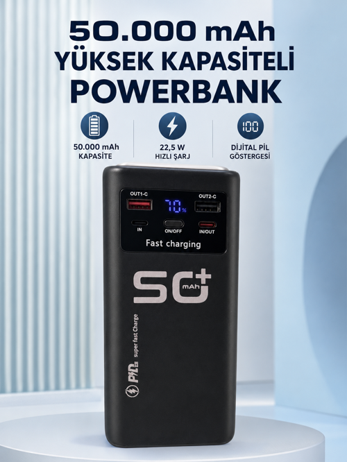 50.000 mAh Taşınabilir Powerbank 22,5 W Hızlı Şarj 4 Dahili Şarj Kablosu Dijital Ekran LED Aydınlatm