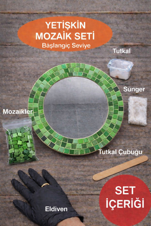 34x34cm Yuvarlak Pleksi Aynalı Yetişkin Mozaik Set (Başlangıç Seviye) Yeşil Tonlar