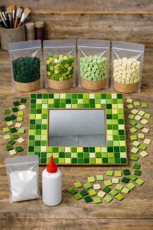 34x34cm Kare Pleksi Aynalı Yetişkin Mozaik Set (Başlangıç Seviye) Yeşil Tonlar