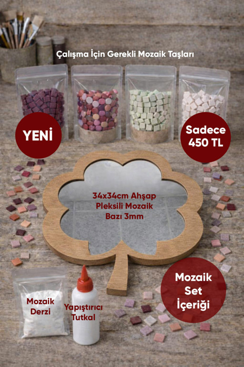34x34cm Yonca Pleksi Aynalı Yetişkin Mozaik Set (Başlangıç Seviye) Kırmızı Tonlar