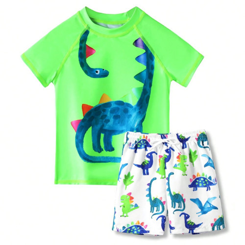 Güneş Korumalı Neon Yeşil Dino Mayo Uzun Boyunlu T-rex Beyaz Şortlu Set