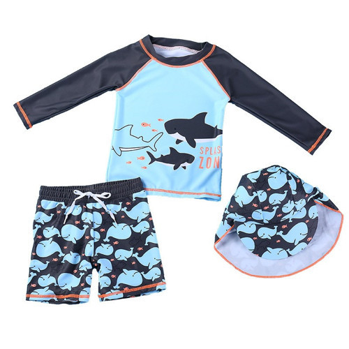 UPF50+ Güneş Korumalı Laci Uzun Kollu Köpekbalığı Desenli 3'lü Mayo Set Şapka T-shirt Şort