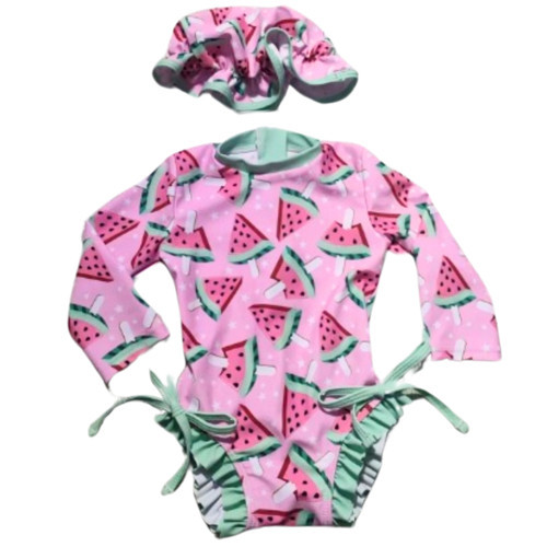 Aşırı Şirin Güneş Korumalı Uzun Kollu Karpuz Desenli Pembe Mint Kız Çocuk Bebek Mayo Ve Şapka Set