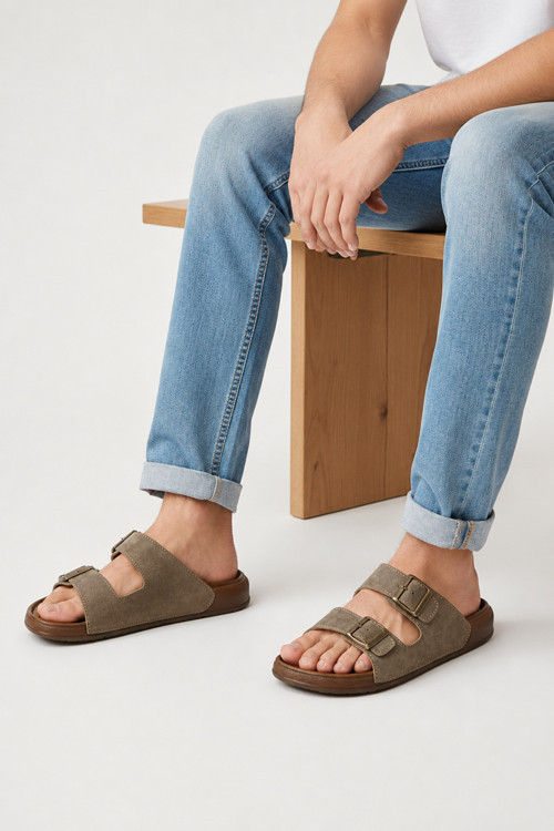 Unisex (Kadın- Erkek) Ortopedik Günlük Yumuşak Kaymaz Taban Deri Tokalı Ev Dışarı Terlik