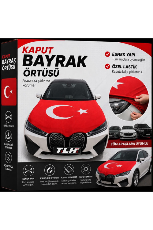 Ön Kaput Türk Bayrağı Üniversal Tüm Araçlara Uyumlu Kalın Kaliteli Kumaş