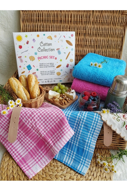 ELEGANCEHOME Renkli Piknik ve Mutfak Seti - 4'lü %100 Pamuk Kurulama Bezi ve Yumuşak Havlu Seti - Mavi & Pembe