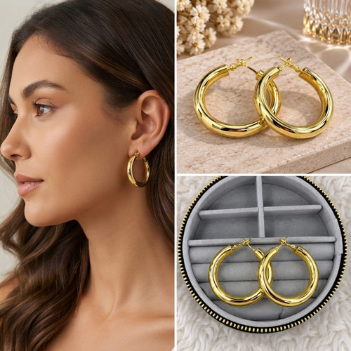 💎 Premium Parlak ve Şık Gold Renk Büyük Boy Halka 316L Çelik Kadın Küpe
