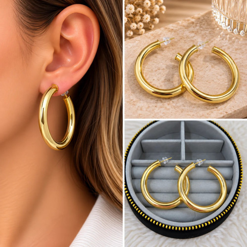 💎 Premium Parlak ve Şık Gold Renk Büyük Boy Kalın Halka 316L Çelik Kadın Küpe