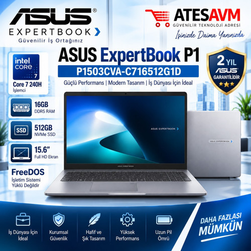 Expertbook P1 15.6" P1503CVA-C716512G1D - Core 7 240H İşlemci - 16Gb Ddr5 Ram -512Gb Nvme Ssd-Freedos