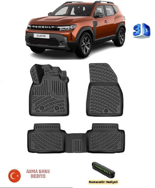 Renault Duster (Eco G / e-Tech / Tce | 4X2) 2024 Sonrası Uyumlu 3D Havuzlu Paspas ASMA KOKU VE NUMARATÖR HEDİYELİ
