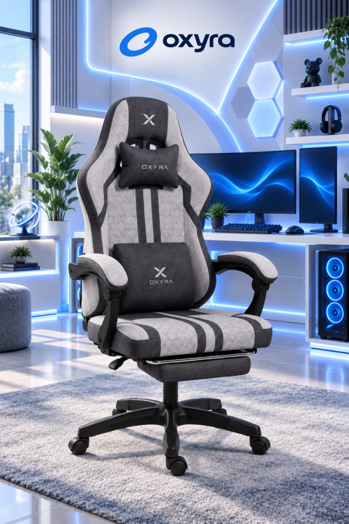 TONEY Premium Ergonomik Terletmez Kumaş | Ayak Destekli Gri Oyuncu Koltuğu