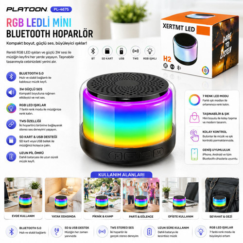 BT - SD - USB ŞARJLI RGB IŞIKLI BLUETOOTH WİRELESS SPEAKER HOPARLÖR 3W PL-4675