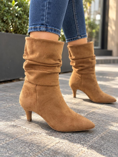 Kadın Gina Taba Körüklü 6 Cm Topuklu Sivri Burun İnce Topuk Yarım Boy Çizme
