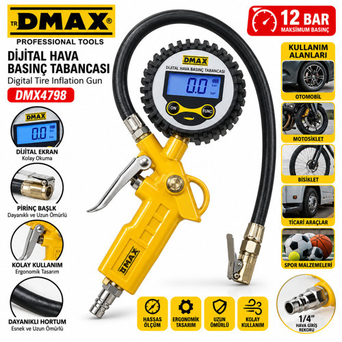 DİJİTAL HAVA ÖLÇME - LASTİK ŞİŞİRME TABANCASI 12 BAR BASINÇLI - 1/4 REKOR DMX-4798