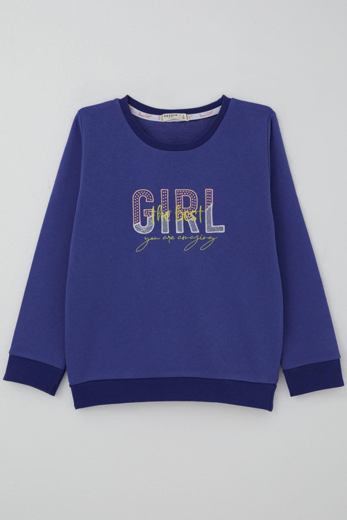 Kız Çocuk Sweatshirt Yazı Nakış Baskılı 5-10 Yaş, Morcivert