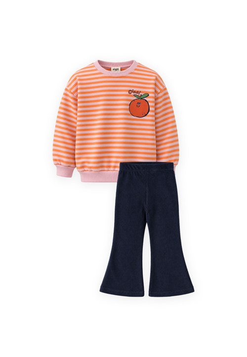 Kadife Taytlı Triko Sweatshirt Takım 1-6 Yaş Turuncu Çizgili