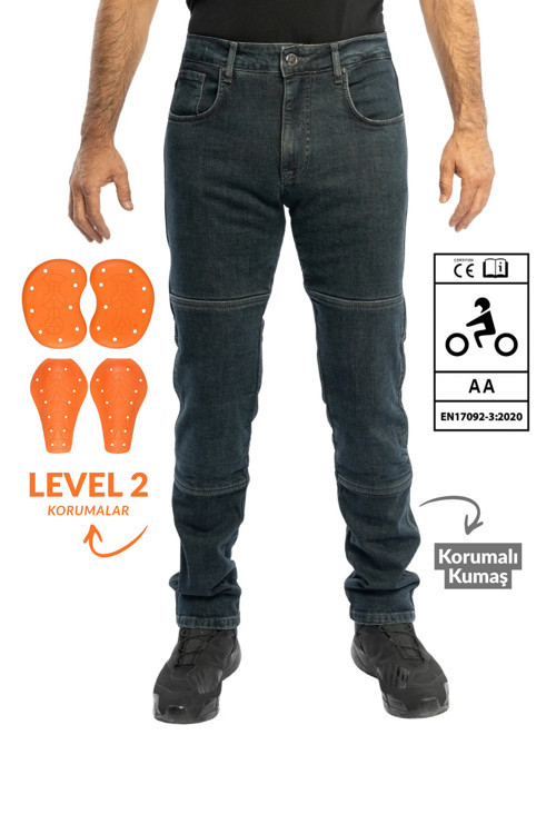 Falcon Korumalı Motosiklet Pantolonu Mavi Aa Ce - Level 2 Diz Kalça Korumalı