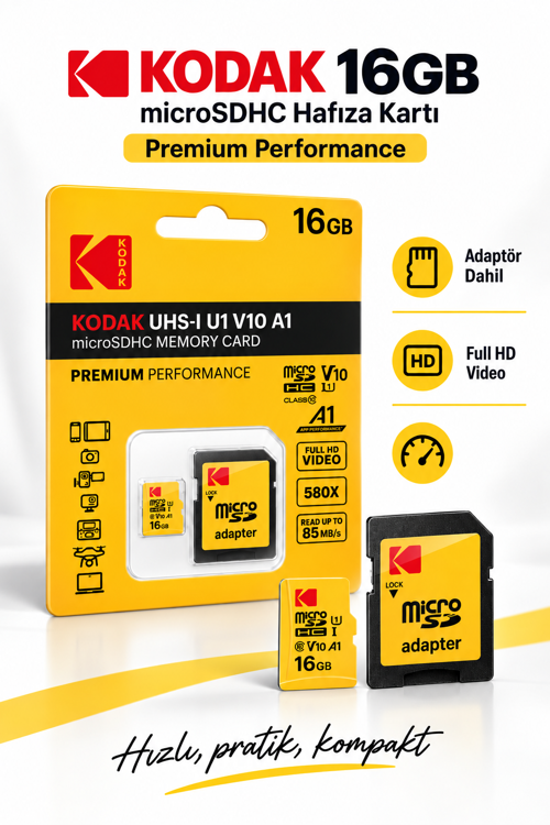 16GB microSDHC Hafıza Kartı UHS-I U1 V10 A1 Class 10 85 MB/s Full HD Destekli SD Adaptörlü