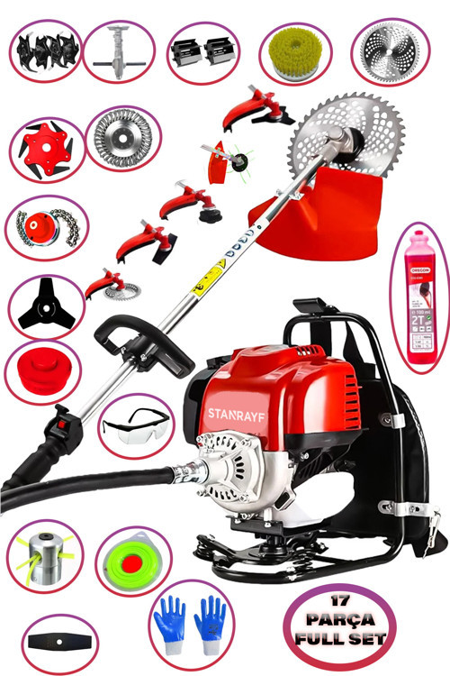 Alman 20HP MG900 17 Parça Sırt Tipi Benzinli Tırpan Ot Çalı Çim Biçme Toprak Eşeleme Akrobat Çapalama Makinesi