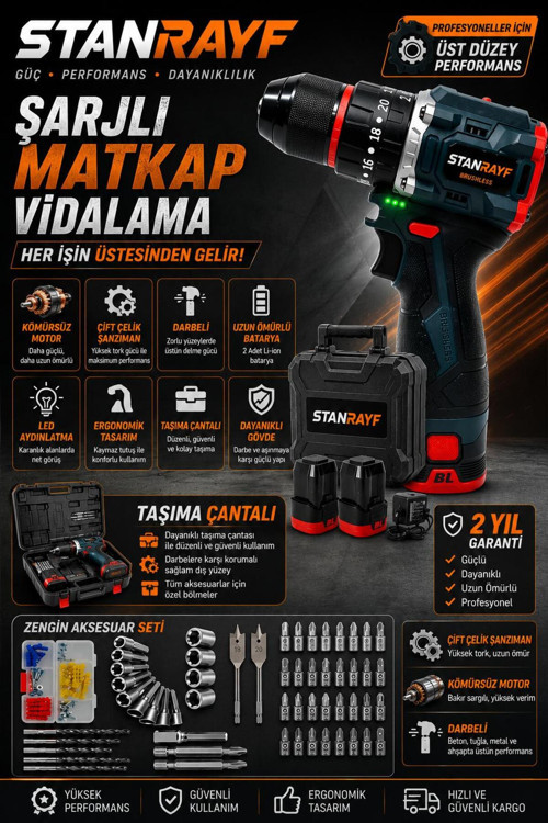 Alman ADG78 Kömürsüz Motor Bakır Sargılı Çift Çelik Şanzıman Çift Akülü Darbeli Vidalama Şarjlı Matkap+ Yardımcı Set