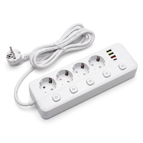 2500W Akım Korumalı Grup Priz 3 USB'li ve 1 TYPE-C li 4'lü 2 m Uzatma Kablosu Beyaz