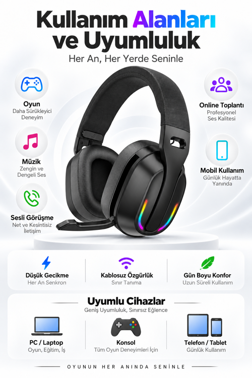 PG-B500 V5.4 Bluetooth Kablosuz Gaming Kulaklık RGB Aydınlatma 26 Saat Pil Düşük Gecikme