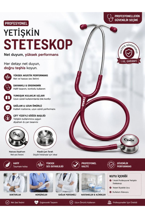 Profesyonel Yetişkin Stetoskop - Bordo Seri