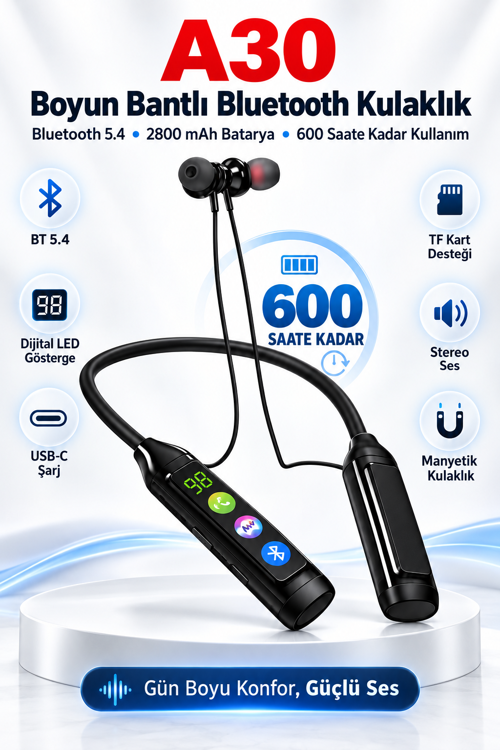 A30 600 Saat Pil Ömürlü Boyun Bantlı Kablosuz Bluetooth Kulaklık Kart Girişli Game Modlu