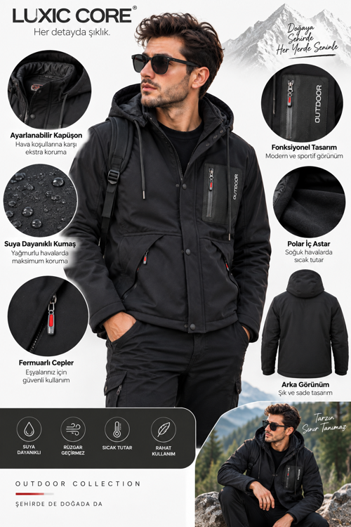 Erkek Kürklü Kapüşonlu Softshell Kışlık Mont Siyah M