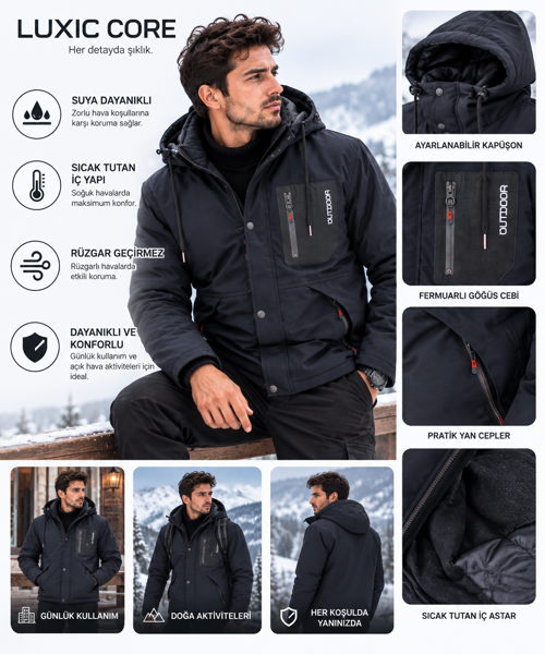 Erkek Kürklü Kapüşonlu Softshell Kışlık Mont Lacivert XL